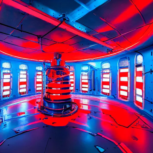 Image similar to interior of alien laboratory with strange device at the center of a room, eerie blue and red colors, photo, 4 k