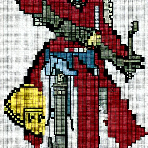 Prompt: pixel art of a sword hero with jewel crown, dark souls, demon souls, Glauber Kotaki
