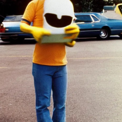 Image similar to a 1970s photo of a man dressed like Homer simpson