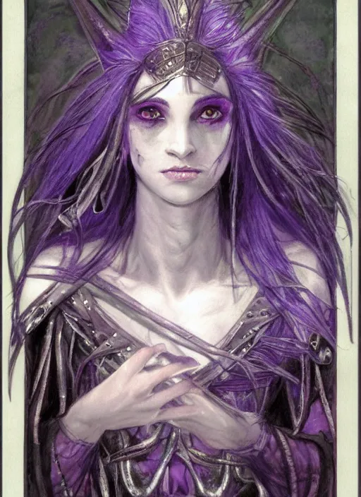 Image similar to portrait of young female prophetess of the endtimes, transluscent skin, silver filigreed armor, lavender hair, beautiful! coherent! dungeons and dragons character, by brian froud, strong line, cool night color, high contrast