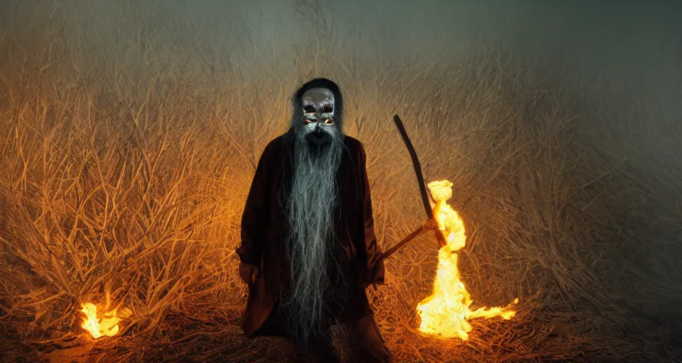 Image similar to full body shot of old asian man with long beard, his head covered in roots, full face occult silver mask, bright multiple glowing eyes, holding a large carved wooden dark fractal stick, thick smoke around him, in the burning soil desert, cinematic shot, wide angle, dark desert background, volumetric lighting by Denis Villeneuve, Lubezki, Gaspar Noe, Christopher Doyle and Alejandro Jodorowsky, anamorphic lens, anamorphic lens flares, kodakchrome, cinematic composition, practical effects, award winning photo, 8k