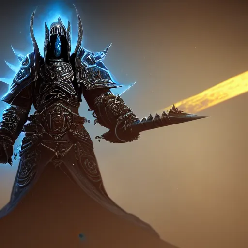 Image similar to the lich king from world of warcraft, cinematic lightning, medium shot, mid-shot, highly detailed, trending on Artstation, Unreal Engine 4k, cinematic wallpaper