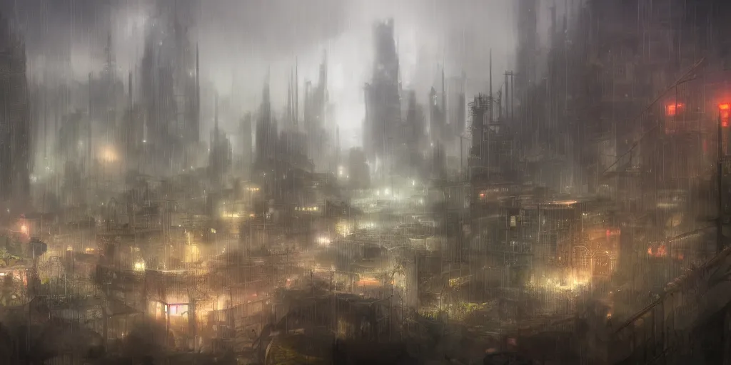 Prompt: a gloomy and rainy underground fantasy city, viewed from a distance, 4 k digital art, trending on artstation, high quality,