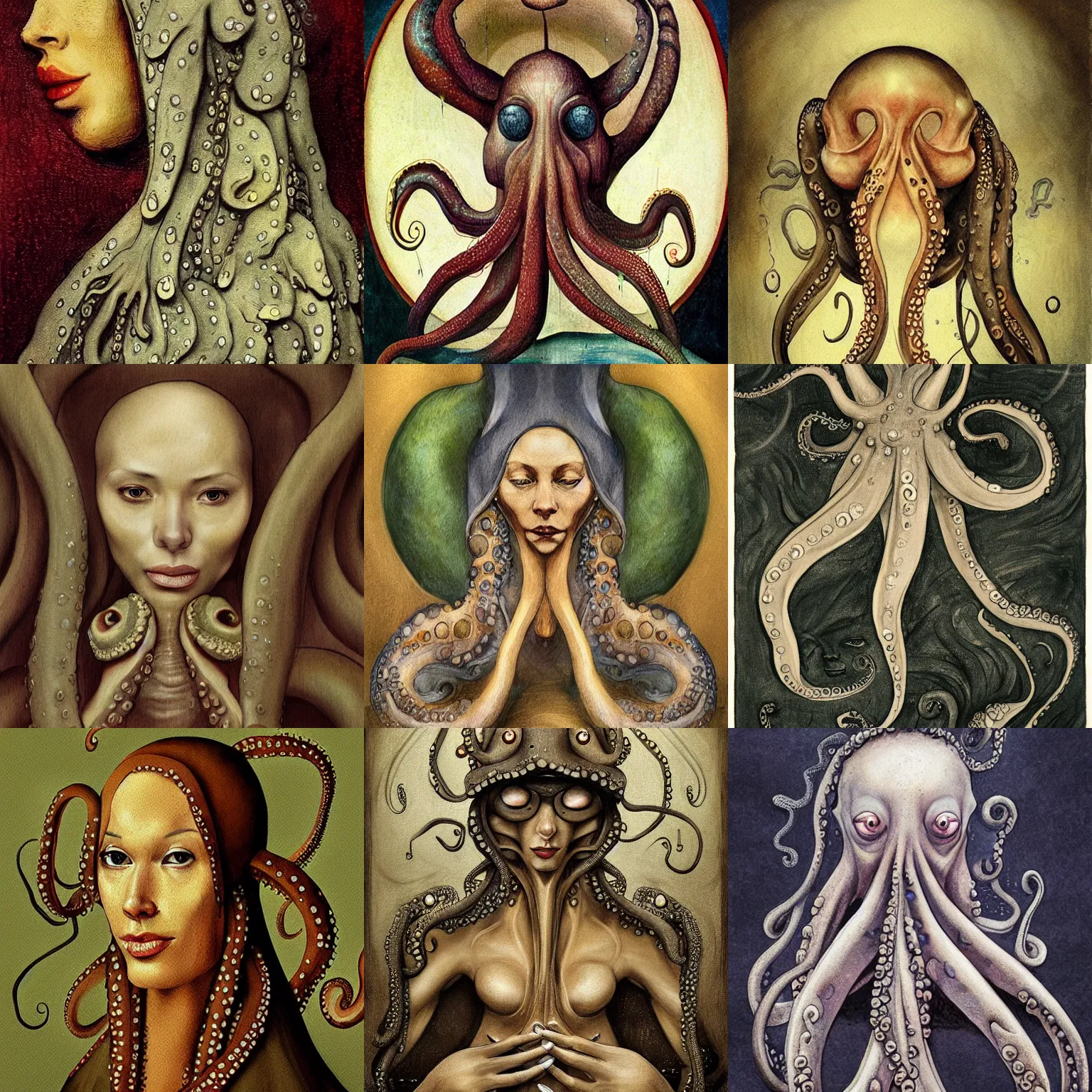 Prompt: beautiful octopus woman, rain, highly detailed, portrait, concept art, hieronymus bosch