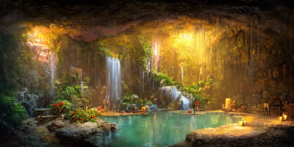 Image similar to detailed interior of cozy hotsprings hidden inside a cave, small waterfalls, lush vegetation, flowers, towels, plates of fruit, candlelight, digital painting, concept art, light shafts, stunning atmosphere, by gerald brom, cinematic lighting