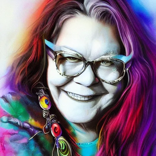 Image similar to portrait of janice joplin at age 2 7 in psychedelic colors, painted by artgerm