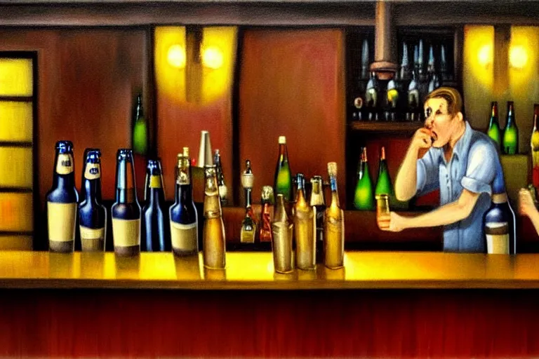 Image similar to a drunken bottle of beer stands a bar yelling at the bar tender, art by dean macadam