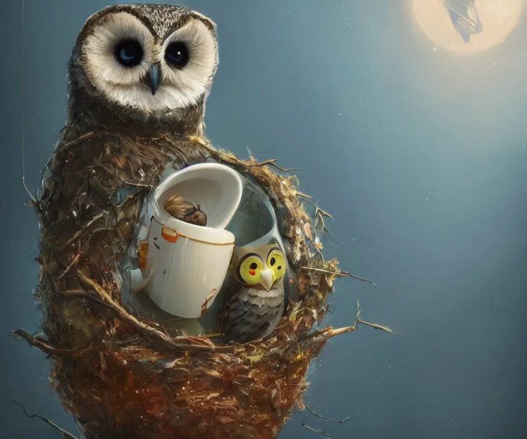 Image similar to long shot of a very cute owl chick nesting in a very futuristic cup, esao andrews, humorous illustration, hyperrealistic, big depth of field, warm colors, night scenery, low light, 3 d octane render, 4 k, conceptart, hyperdetailed, hyperrealistic, trending on artstation