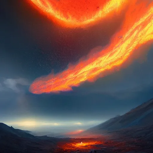 Prompt: landscape painting of a volcanic planet bubbling with fire and sparks, extremely atmospheric lighting, epic lighting, cgsociety, trending on artstation,