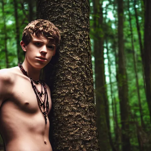 Image similar to a teenage boy, around 1 9 yo. necklace. natural brown hair. loincloth, pale skin, looking around. detailed face. ominous and eerie looking forest in background. natural colors. realistic photo. 8 k