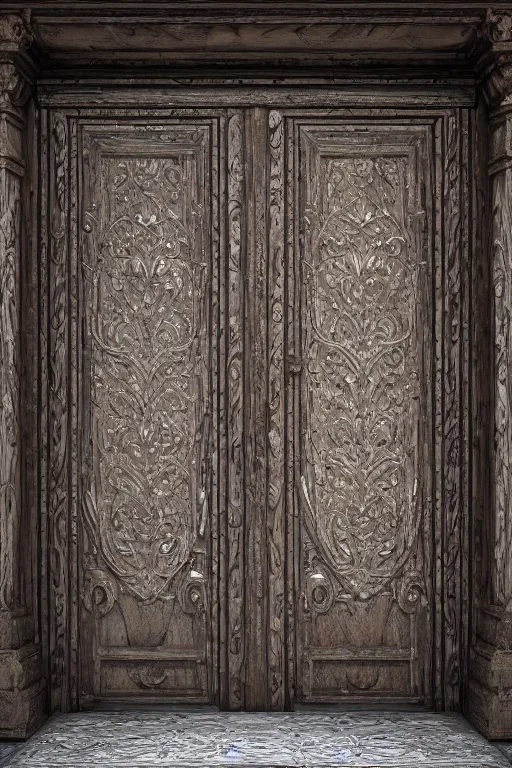 Image similar to a huge old weathered dark wooden door made with bright metallic rush plant ornaments, ornate, fantasy, photorealistic, octane render, volumetric light, high definition, ultra detailed, trandind on artstation, midjourney