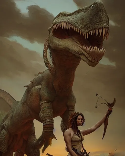 Image similar to hyper realistic photo of prehistoric hunter girl on a dino full body, cinematic, artstation, cgsociety, greg rutkowski, james gurney, mignola, craig mullins, jean baptiste monge, brom