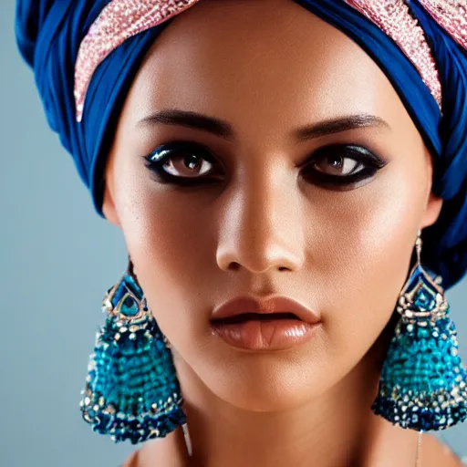 Prompt: beautiful extreme closeup frontpage of blue turban fashion magazine portrait photo of model, highly detailed