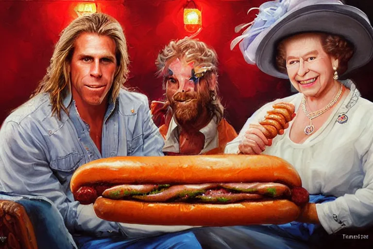 Image similar to portrait of wwf shawn michaels and queen elizabeth sharing hotdogs, an oil painting by ross tran and thomas kincade