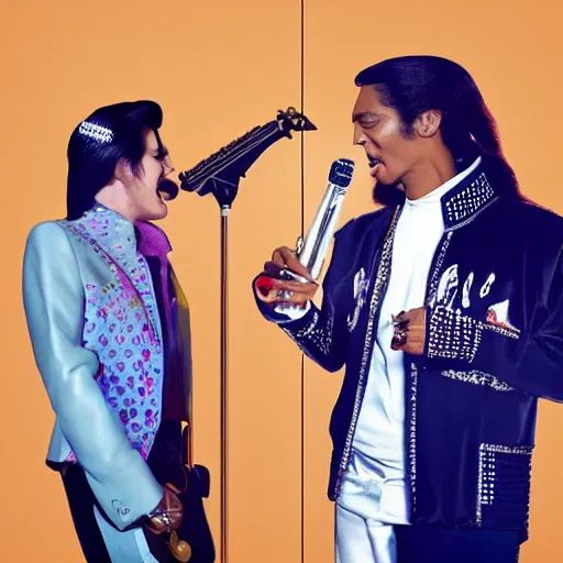 Prompt: elvis presley and snoop dog singing a duet in 2 0 2 2, one microphone, in las vegas, detailed, beautiful, color photo, f 1. 8, promotional poster, photorealistic