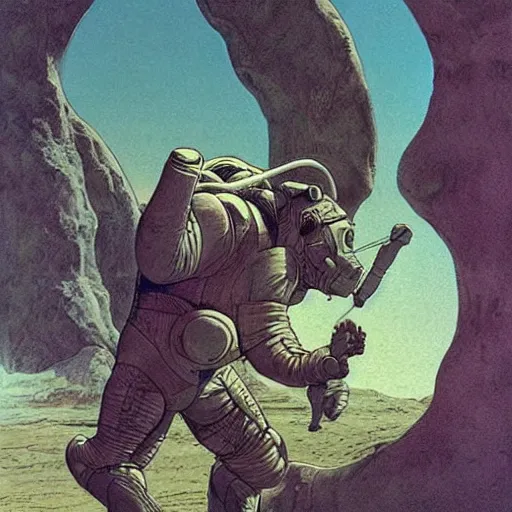 Image similar to Centaur wearing a spacesuit. Concept art by James Gurney and Moebius.