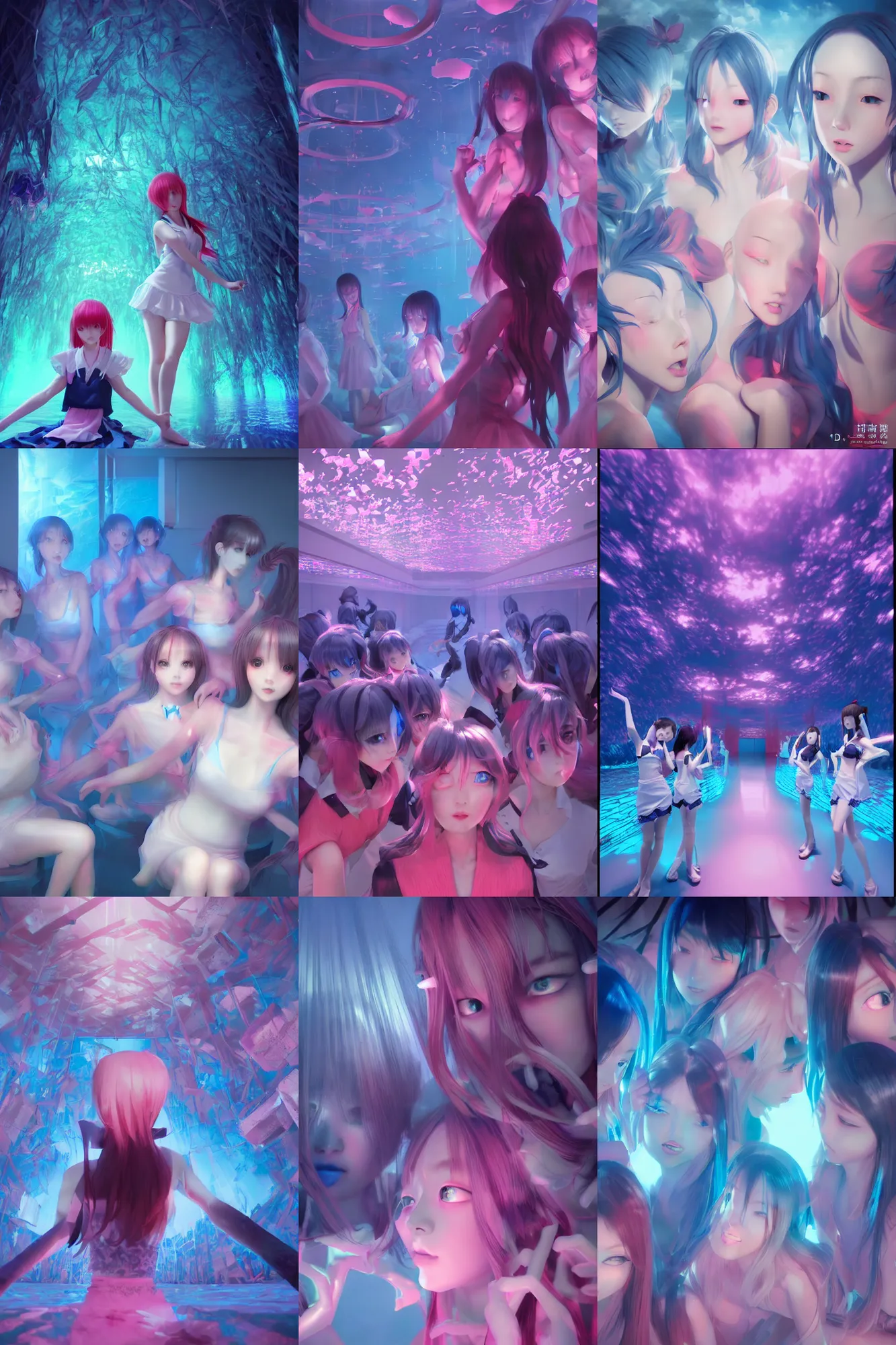 Prompt: 3d dark infrared octane render concept art by D. Jun, by Mo Xiang Tong Xiu, by Igarashi Daisuke, beauty portrait anime schoolgirls under dark pink and blue water. cute face. complex mirrored room. dramatic light, trending on artstation.