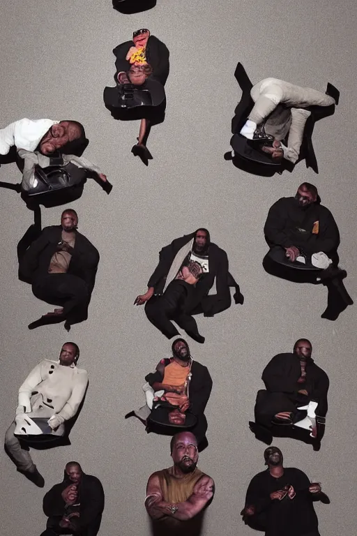 Image similar to kanye west in dream fantasy world surrounded by 8 drones