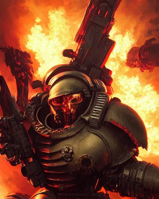 Image similar to space marine surrounded by explosions and burning buildings, sharp focus, hyper detailed, dark fantasy, warhammer 4 0 k, digital painting, by by artgerm and greg rutkowski and magali villeneuve