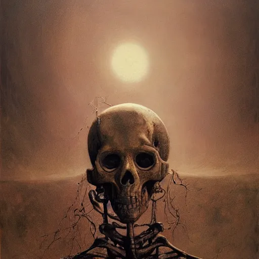 Image similar to A portrait of Skeleton by Zdzisław Beksiński and Ilya Repin,In style of Post-Apocalyptic.digital art, illustration,hyper detailed,smooth, sharp focus,trending on artstation,oil on the canvas,4k