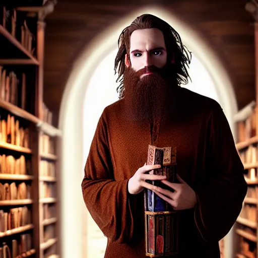 Prompt: a cinematic scene of a handsome faced white male sorcerer, alchemist library background, the room filled with colorful magic, brown hair, beard, cinematic lighting