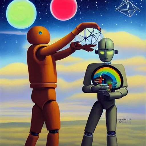 Image similar to a painting by ralph mcquarrie of floating molecules and a robot artist holding an icosahedron with stars, clouds, and rainbows in the background, trending on artstation, masterpiece, incredible details