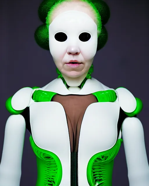 Prompt: portrait of a woman wearing a white embroidered translucent silicone mask and white green frizzy hair buns, wearing a black bodysuit by alexander mcqueen, cream white background, soft diffused light, biotechnology, humanoide robot, bjork aesthetic, translucent, by rineke dijkstra, intricate details, highly detailed, masterpiece,