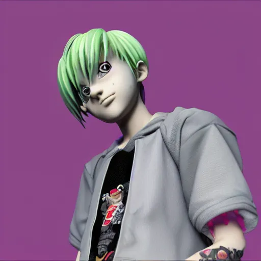 Prompt: lil peep, a 3 d render by akira toriyama, trending on zbrush central, computer art, rendered in cinema 4 d, rendered in maya, rendered in unreal engine,