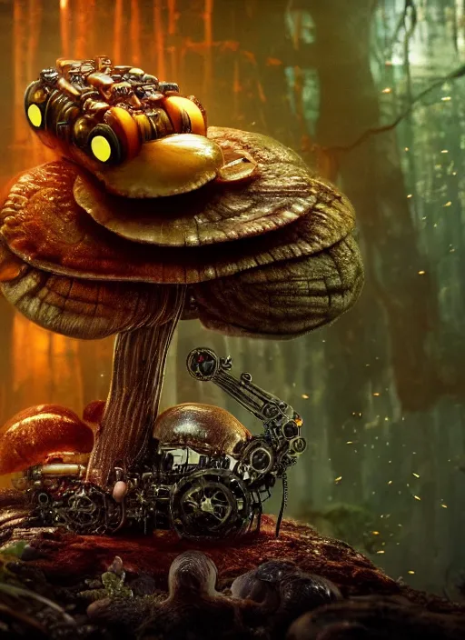 Prompt: portrait of an intricate mechanical caterpillar sitting on a mushroom in a magical forest. Very detailed 8k. Fantasy cyberpunk horror. Sharp. Cinematic post-processing