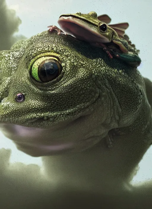 Prompt: hyperrealism, detailed textures, photorealistic 3 d, a massive frog emerging from a fluffy cloud, a giant house fly flying near the frog, ultra realistic, cinematic, intricate, cinematic light, concept art, illustration, art station, unreal engine 8 k