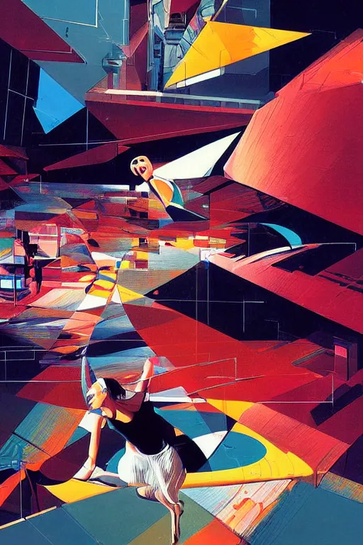 Image similar to wideangle action, girl falling through the flow zone, decoherence, synthwave, glitch!!, fracture, vortex, realistic, hyperdetailed, concept art, golden hour, art by syd mead, cubism