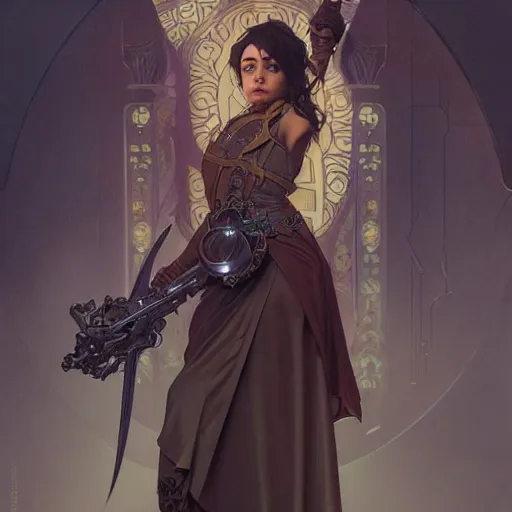 Image similar to cyber monk aubrey plaza, fantasy, d & d, intricate, detailed, by by alphonse mucha, adolfo hohenstein, alice russell glenny, stanley artgerm lau, greg rutkowski, detailed, trending on artstation, trending on artstation, smooth