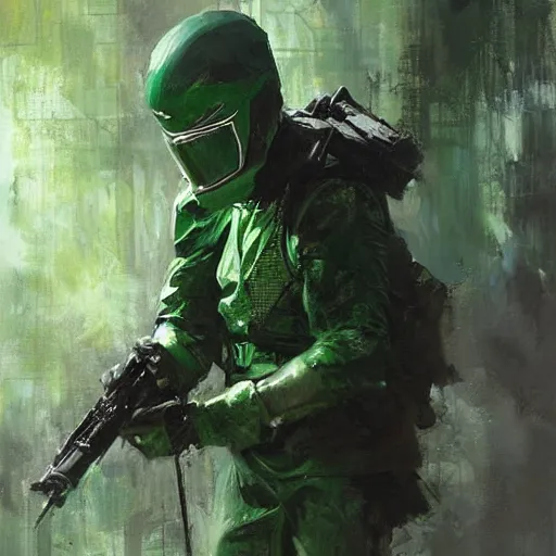 Image similar to green rangers, realistic, ultrahd, jeremy mann painting