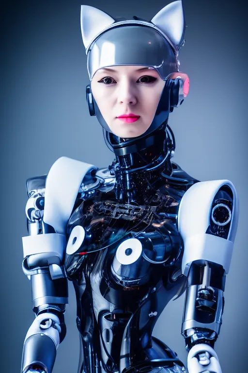 Prompt: cybernetic ultra high tech female robot with cat ears, neo - rococo, sci - fi, cyberpunk, high tech, futurism, exoskeleton, symmetry, cinematic, elegant, luxury, perfect light, perfect composition, dlsr photography, sharp focus, 8 k, ultra hd, sense of awe, highly detailed, realistic, intricate, science journal cover