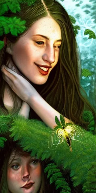 Image similar to young woman, smiling, amazed by golden fireflies lights, sitting in the midst of nature fully covered, long loose red hair, intricate linework, green eyes, small nose with freckles, oval shape face, realistic, expressive emotions, dramatic lights, spiritual scene, hyper realistic ultrafine art by cecco del caravaggio and albert bierstadt and artgerm