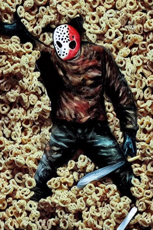 Image similar to jason voorhees swimming in a pool of cereal, realistic, moody grindhouse, dark