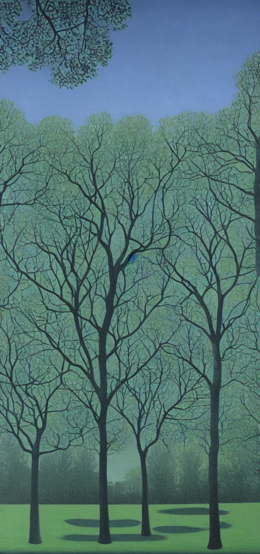 Prompt: Park on an Autumn night by Rene Magritte. Long surreal shadows. Blue.