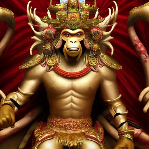 Image similar to monkey king godly lord of monkeys, wearing a crown, holding a staff, sitting in throne 8 k render high detail