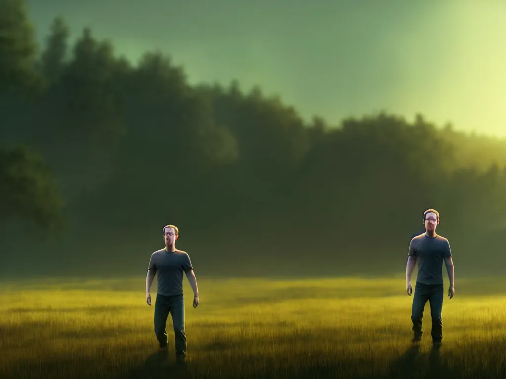 Image similar to Mark Zuckerberg in a field, bokeh, dramatic lighting, cinematic, establishing shot, high detail, cinematic lighting, post processed, 8k, concept art, artstation, matte painting, in the style of eddie mendoza, raphael lacoste, alex ross