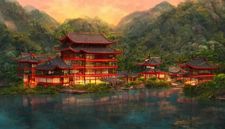 Prompt: chinese village built around a lake with forest at the foot of green gigntic mountains at sunset, fireplace, hyperdetailed, artstation, cgsociety, 8 k