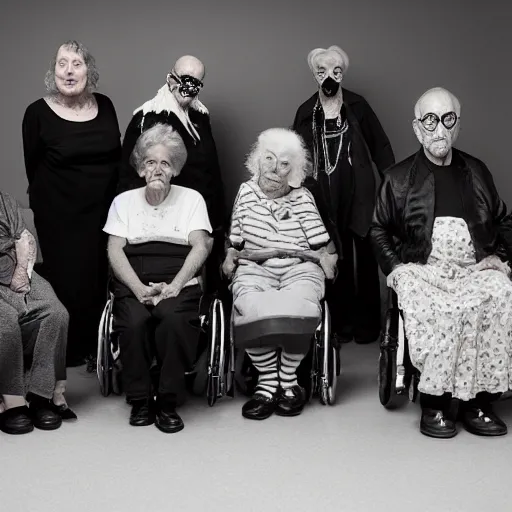 Image similar to an old age home for geriatric dark goths. photograph group portrait.