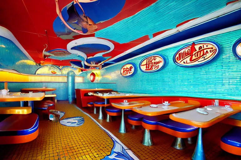 Image similar to 2 0 1 5 fish themed underwater american diner, googie architecture, two point perspective, americana, fishcore, restaurant interior photography, 8 5 mm, taken by alex webb