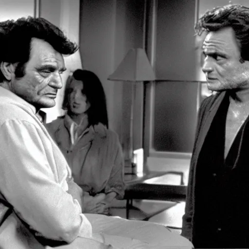 Prompt: Columbo Peter Falk interviewing old Hannibal Lecter Anthony Hopkins, cinematic, movie still, symmetrical faces!!!, round symmetrical eyes!!!, kodak 2383 film