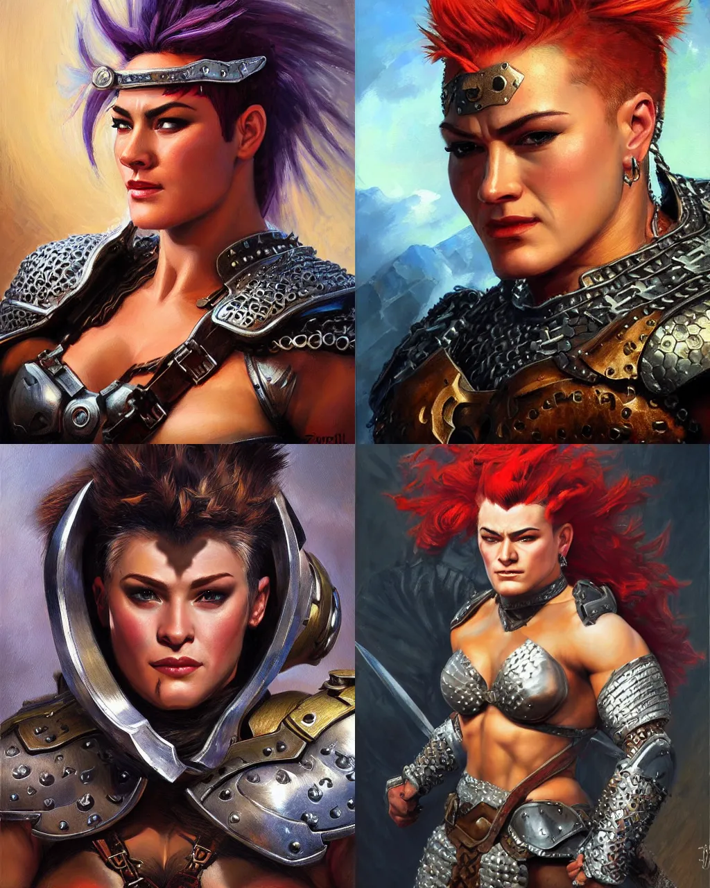 Image similar to detailed portrait of zarya from overwatch as a powerful medieval warrior wearing iron chainmail, intricate, hyper detailed, realistic, oil painting, by julie bell, frank frazetta, cinematic lighting