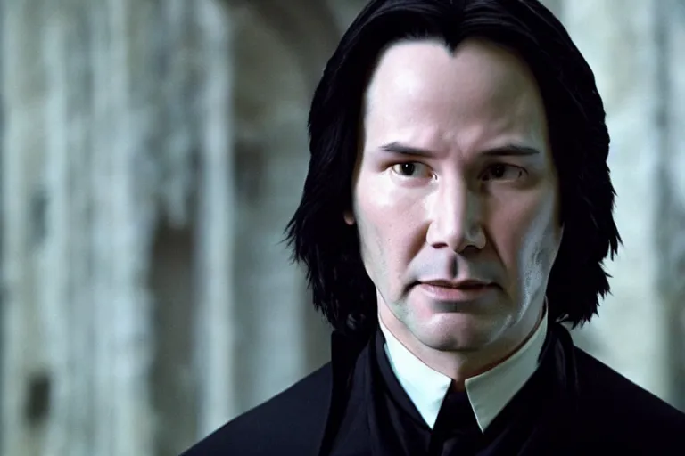 Image similar to film still of Keanu Reeves as Severus Snape in Harry Potter