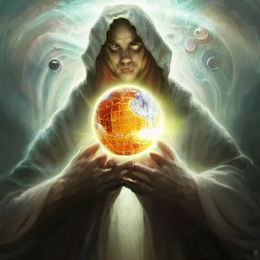 Image similar to the creator of worlds wearing a cloak and holding a holographic planet projection in his hand, detailed, sci - fi, digital painting, artstation, sharp focus, illustration, ominous, artgerm, tomasz alen kopera, peter mohrbacher, donato giancola, joseph christian leyendecker, wlop, frank frazetta