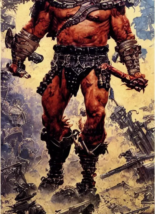 Image similar to full body portrait of ron perlman as towering warrior, dynamic action, by norman rockwell and jesper ejsing and tom lovell and frank schoonover