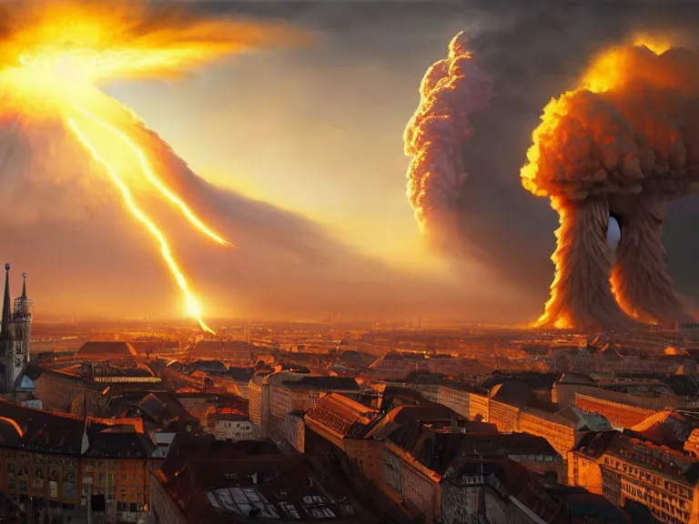 Image similar to , city of munich!!!, nuclear explosion!!!, shockwave!!, rubble, hyperrealistic, highly detailed, cinematic, single ray of golden sunlight, beautiful, cgssociety, artstation, 8 k, oil painting by greg rutkowski, by artgerm, by wlop