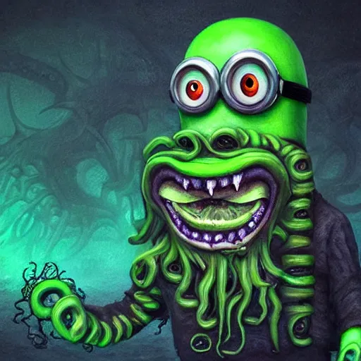 Image similar to Minion as Lovecraft's monster, dagon, Big monster, a lot of tentacles, evil, angry face, dark colours, green colours, high resolution, 50 mm, extremely realistic, cave, real life