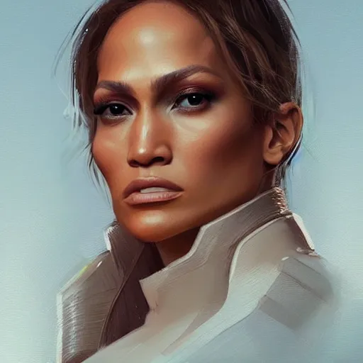 Image similar to “ portrait of jennifer lopez by greg rutkowski, young, attractive, highly detailed portrait, scifi, digital painting, artstation, concept art, smooth, sharp foccus ilustration, artstation hq ”